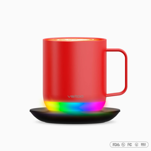 Vsitoo red S6 plus warming coffee mugs place on the charging coaster