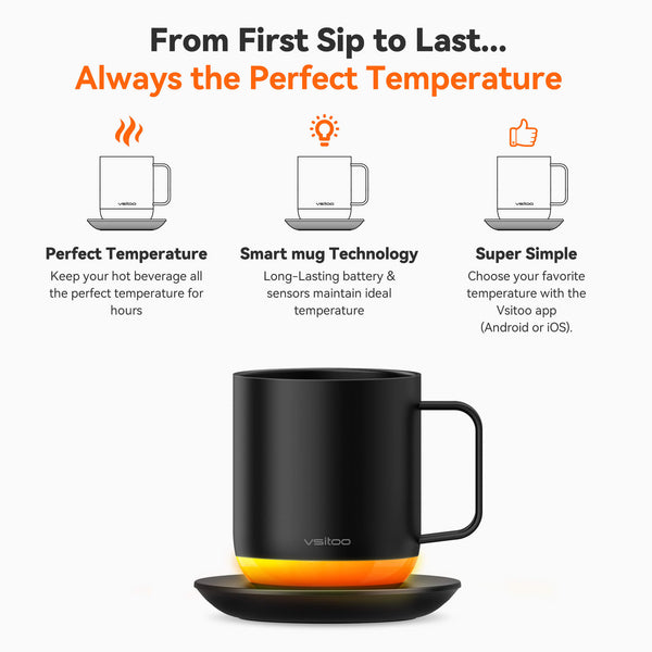 Vsitoo S6 Plus smart mug with black color, coffee mug sizes are 12oz, self heating coffee from first sip to last.
