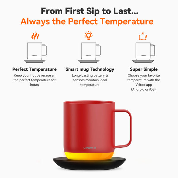 Vsitoo S6 Plus smart mug with red color, coffee mug sizes are 12oz, self heating coffee from first sip to last.
