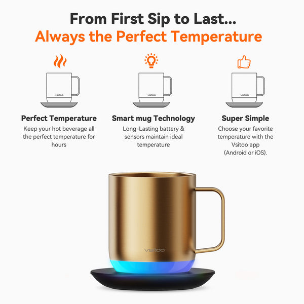 Vsitoo S6 Plus smart mug with gold color, coffee mug sizes are 12oz, self heating coffee from first sip to last.