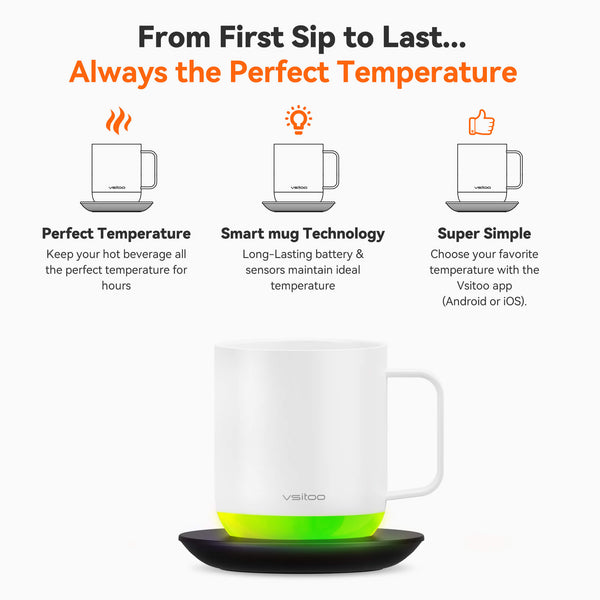 Vsitoo S6 Plus smart mug with white color, coffee mug sizes are 12oz, self heating coffee from first sip to last.