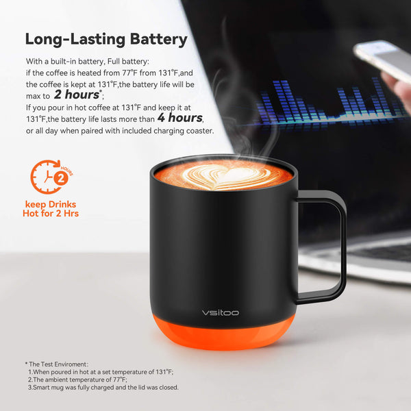 Vsitoo S6 plus smart mug black color, with 12oz mug sizes, the warming coffee mugs have self heating coffee function, the long-lasting battery can keep your coffee hot up to 4 hours.