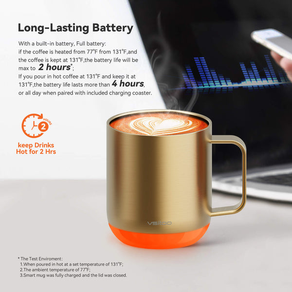 Vsitoo S6 plus smart mug gold color, with 12oz mug sizes, the warming coffee mugs have self heating coffee function, the long-lasting battery can keep your coffee hot up to 4 hours.