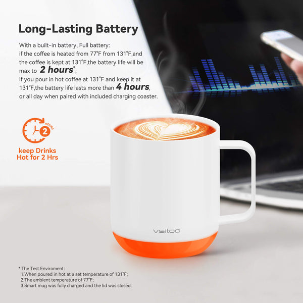 Vsitoo S6 plus smart mug white color, with 12oz mug sizes, the warming coffee mugs have self heating coffee function, the long-lasting battery can keep your coffee hot up to 4 hours.