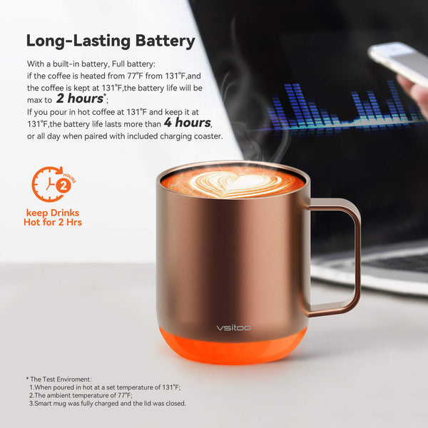 Vsitoo S6 plus smart mug copper color, with 12oz mug sizes, the warming coffee mugs have self heating coffee function, the long-lasting battery can keep your coffee hot up to 4 hours.