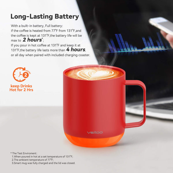 Vsitoo S6 plus smart mug red color, with 12oz mug sizes, the warming coffee mugs have self heating coffee function, the long-lasting battery can keep your coffee hot up to 4 hours.