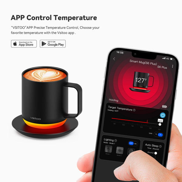 The black vsitoo s6 plus heated mug, with 12oz coffee mug sizes, and it can self heating coffe by using Vsitoo App on your phone.