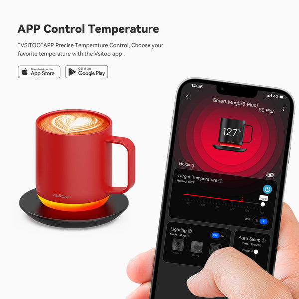 The red vsitoo s6 plus heated mug, with 12oz coffee mug sizes, and it can self heating coffe by using Vsitoo App on your phone.