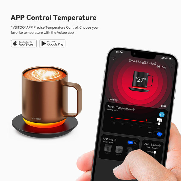 The copper vsitoo s6 plus heated mug, with 12oz coffee mug sizes, and it can self heating coffe by using Vsitoo App on your phone.