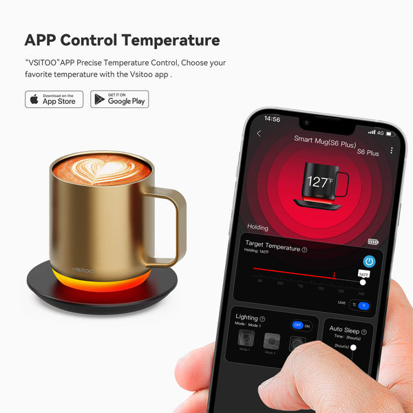 The gold vsitoo s6 plus heated mug, with 12oz coffee mug sizes, and it can self heating coffe by using Vsitoo App on your phone.
