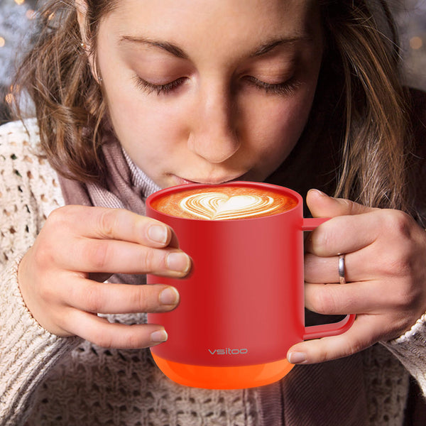 Vsitoo S6 plus red smart mug, the self warming mug is nice for winter, which can keep coffee hot by self heating all day.