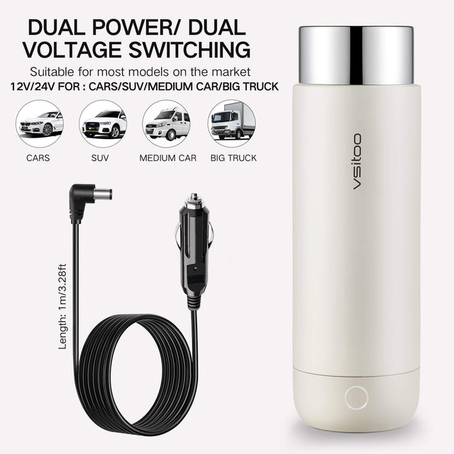 H1 white self heating thermos of Vsitoo, the heated travel mug with 15oz, and suit for cars, suv, medium car or big truck.