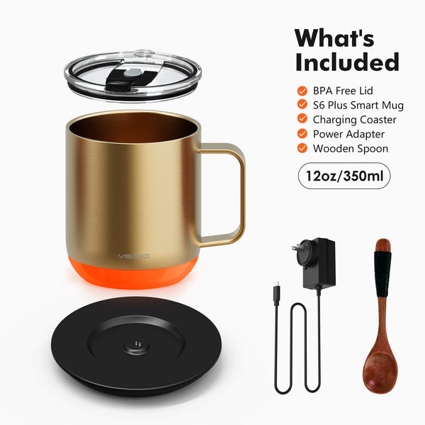 Vsitoo S6 plus gold smart coffee mug, included cup lid, a self warming mug, a charging coaster, a power adapter and wooden spoon.