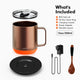 Vsitoo S6 plus copper smart coffee mug, included cup lid, a self warming mug, a charging coaster, a power adapter and wooden spoon.