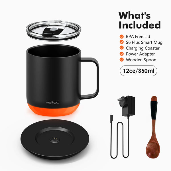 Vsitoo S6 plus black smart coffee mug, included cup lid, a self warming mug, a charging coaster, a power adapter and wooden spoon.