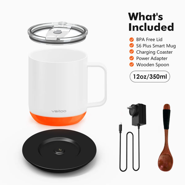 Vsitoo S6 plus white smart coffee mug, included cup lid, a self warming mug, a charging coaster, a power adapter and wooden spoon.